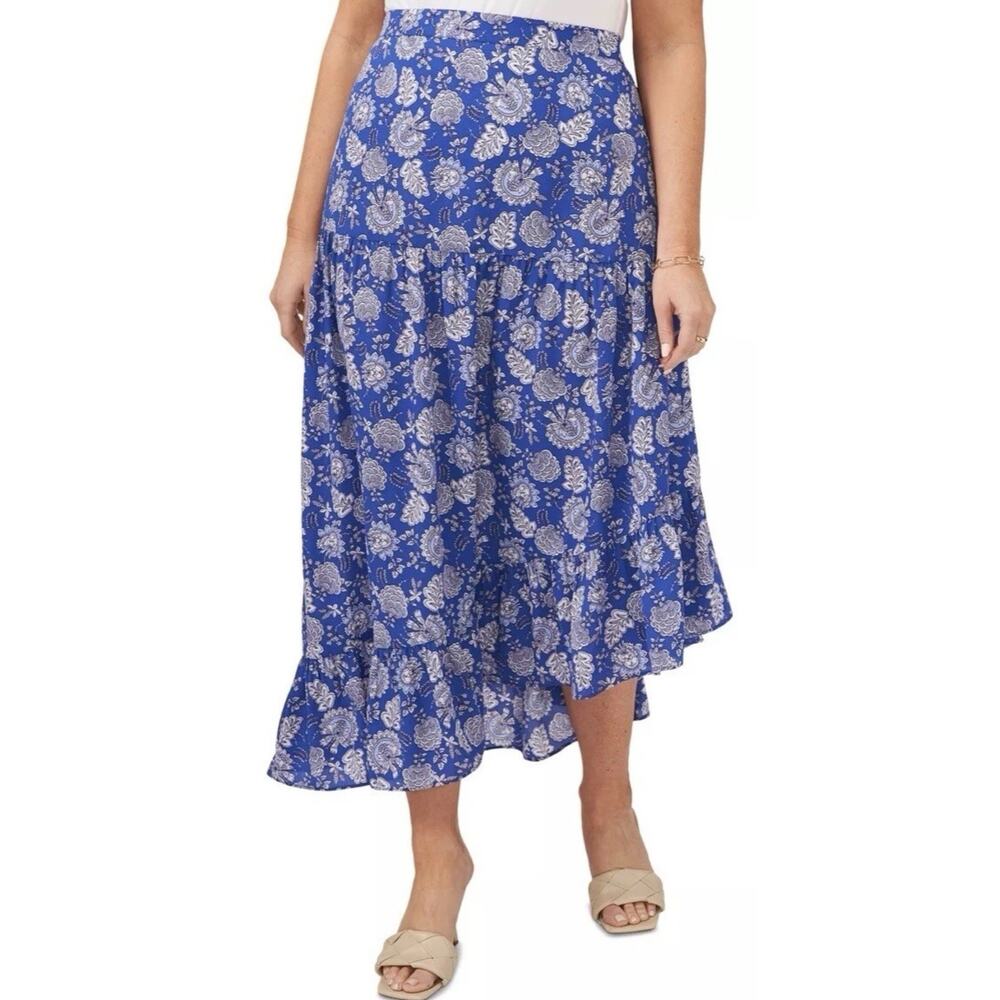 Vince Camuto Skirt Blue Floral Asymmetrical Tiered Maxi Boho Pull On 2X